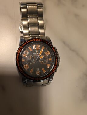 Croton Men's Silver Watch with Orange Accents, needs battery